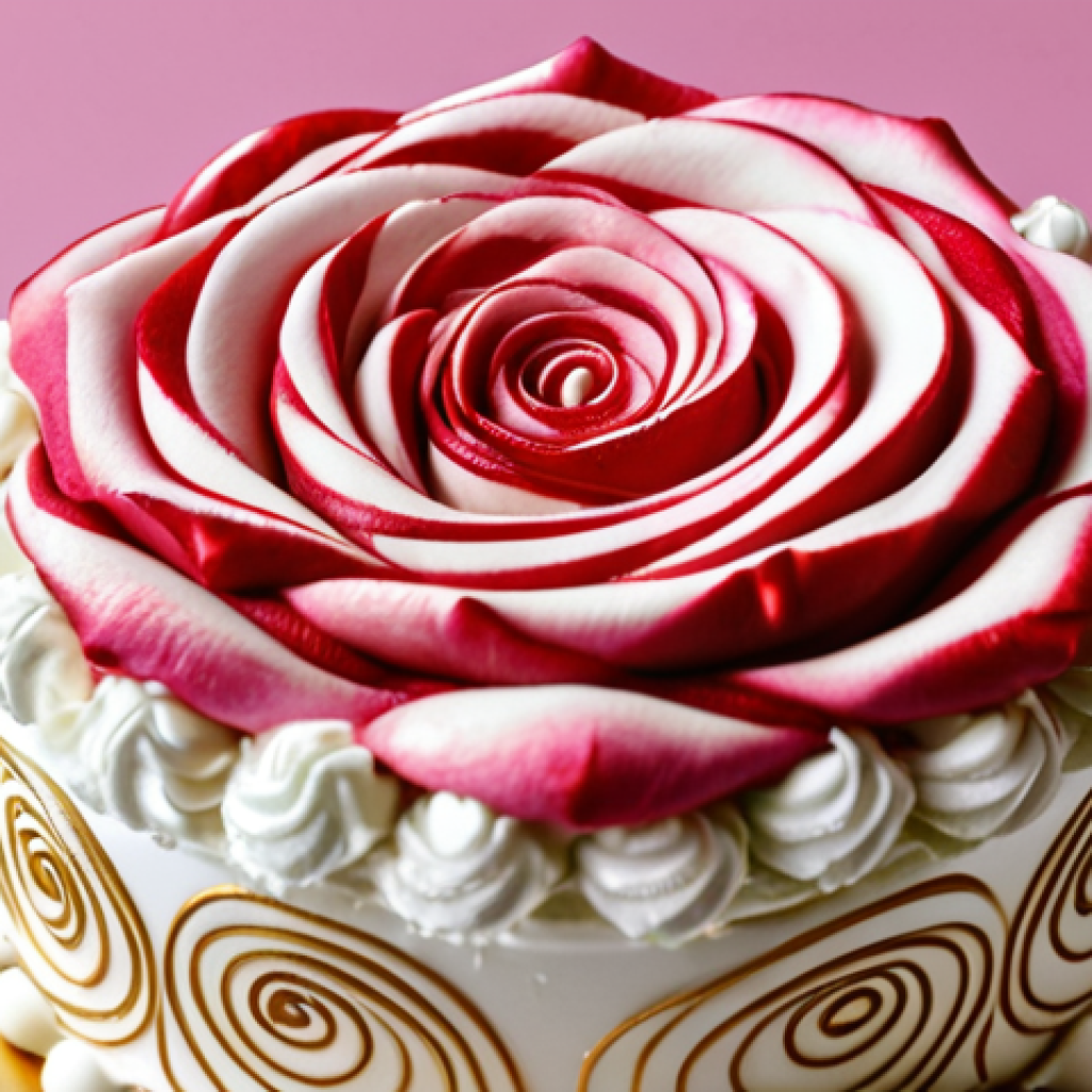 ** Close-up of a beautifully decorated cake using whipped cream art, focusing on delicate rose and minimalist designs.  Gel food coloring creates vibrant colors.

**