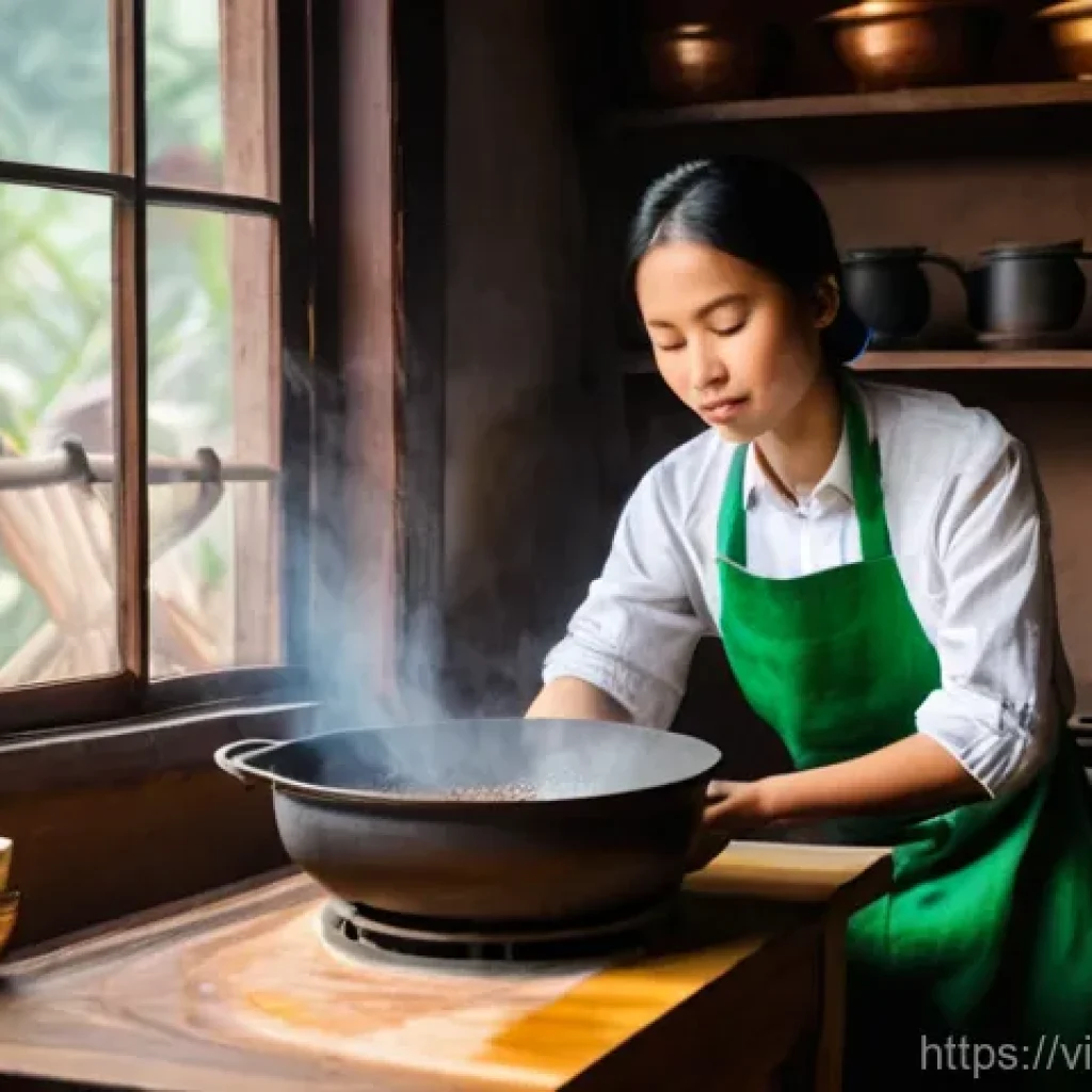 커피 로스팅으로 수익형 취미 시작하기 - **Prompt:** "A young Vietnamese woman in her cozy, rustic kitchen, passionately stirring green coffe...