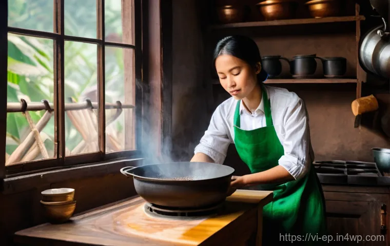 커피 로스팅으로 수익형 취미 시작하기 - **Prompt:** "A young Vietnamese woman in her cozy, rustic kitchen, passionately stirring green coffe...