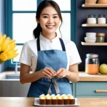 마케팅 기법을 활용한 수익형 취미 - A cheerful young Vietnamese woman, in her mid-20s, with long dark hair neatly tied back, wearing a m...