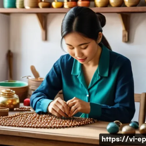 수익형 취미로 만드는 부가 수입 - A cozy and vibrant home workshop scene showing a Vietnamese artisan woman crafting handmade jewelry,...