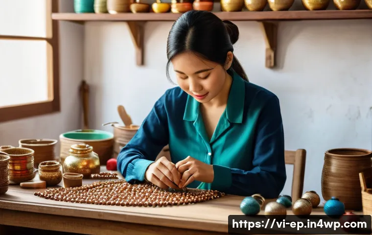 수익형 취미로 만드는 부가 수입 - A cozy and vibrant home workshop scene showing a Vietnamese artisan woman crafting handmade jewelry,...