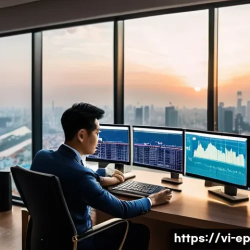 주식 투자로 수익형 취미 즐기기 - A modern Vietnamese investor in casual business attire sitting at a sleek desk in a high-rise apartm...