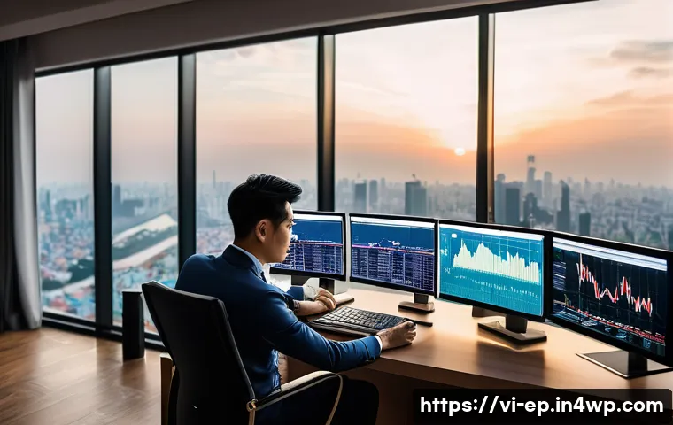 주식 투자로 수익형 취미 즐기기 - A modern Vietnamese investor in casual business attire sitting at a sleek desk in a high-rise apartm...