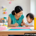 어린이와 함께하는 수익형 취미 - A cheerful Vietnamese mother and her young child wearing a diaper, sitting at a colorful table cover...