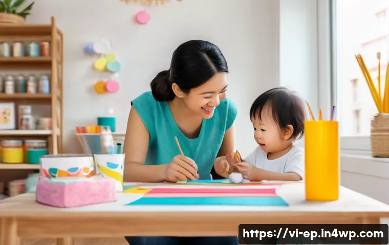 어린이와 함께하는 수익형 취미 - A cheerful Vietnamese mother and her young child wearing a diaper, sitting at a colorful table cover...