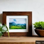 온라인 마켓에서 판매 가능한 취미 아이템 - A cozy living room corner featuring rustic handmade wooden decor items: a small wooden photo frame w...